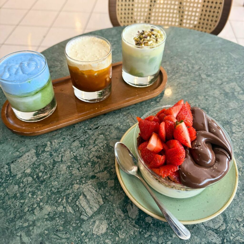 YOGHURT BOWL AND MATCHA AND ICED LATTE FLIGHT AT FILTO, METROCENTRE